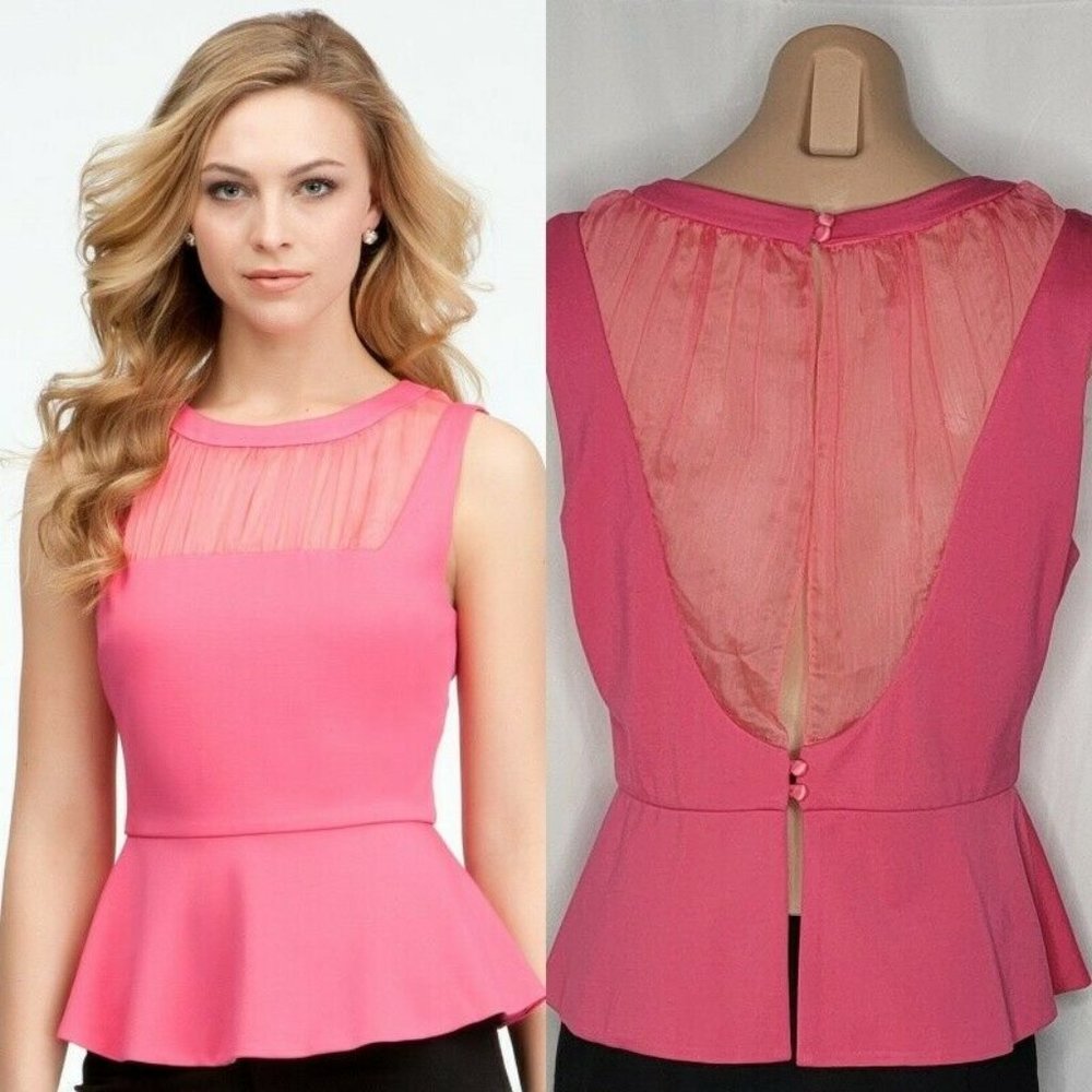 bebe Pink Sleeveless Crinkle Back Peplum Top Size L